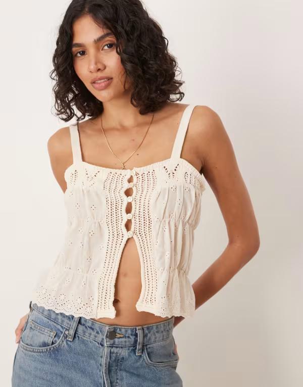 マンゴ レディース トップス シャツ ニット Mango crochet tie front knit cami top in light Light beige ベージュ
