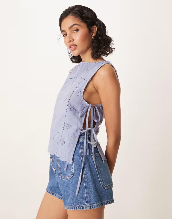 エイソス レディース トップス シャツ ASOS DESIGN tie sides embroidery top Blue ブルー