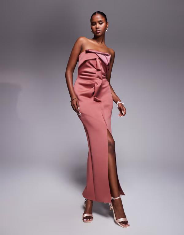 エイソス レディース トップス ワンピース ミディワンピース ミディ スキューバ ASOS DESIGN bandeau midi dress with twisted front detailing scuba midi dress in rose Rose
