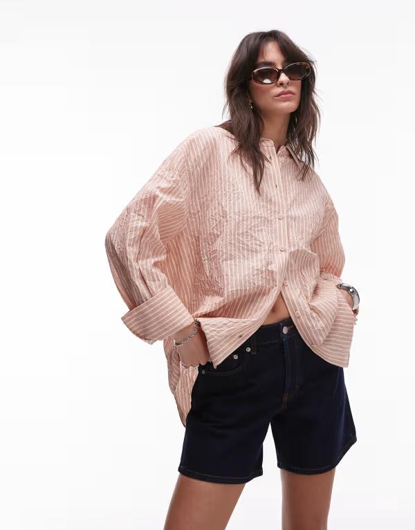 トップショップ レディース トップス シャツ Topshop crinkle textured shirt in peach and brown stripes Peach ピーチ