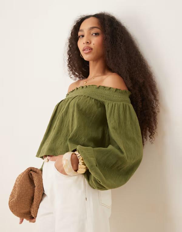 エイソス レディース トップス シャツ バルーンスリーブ ASOS DESIGN crinkle off the shoulder balloon sleeve top in olive Olive オリーブ