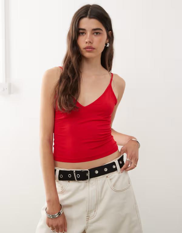 コルージョン レディース トップス シャツ COLLUSION deep v cami top RED レッド