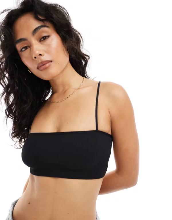 エイソス レディース アンダー御召しもの ブラ 肋筋 ASOS DESIGN ribbed cross back crop Black 黒いこと