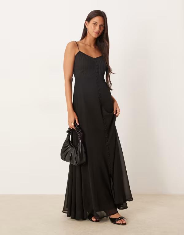 エイソス レディース トップス ワンピース ティアード ボタンダウン マキシワンピース ダウン マキシ ASOS DESIGN cami tiered frill button down maxi dress black ブラック