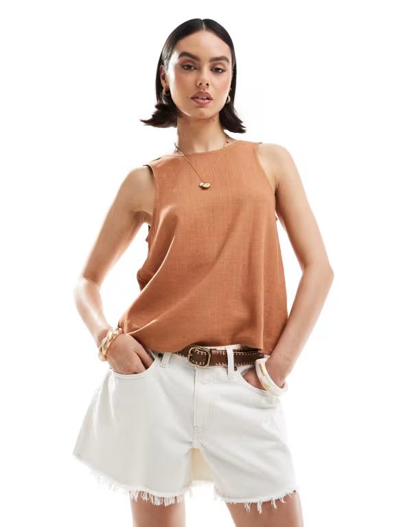 エイソス レディース トップス シャツ リネン ASOS DESIGN tank top with scoop back in linen look in tan TAN タン