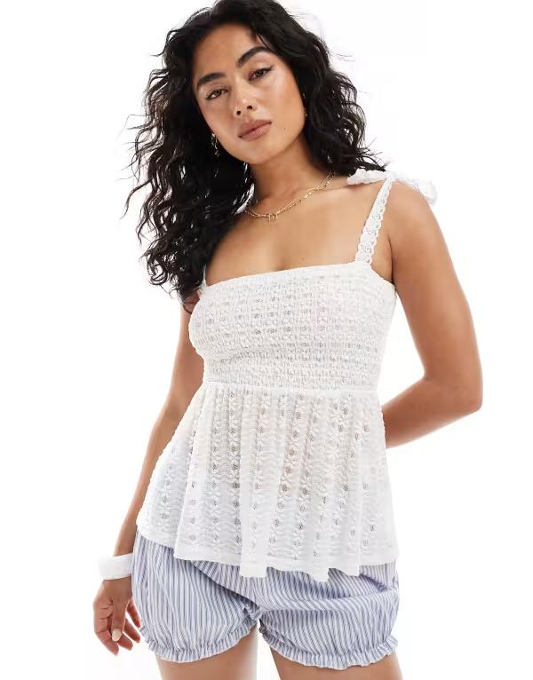 ミスセルフフリッジ レディース トップス シャツ レース Miss Selfridge textured lace tie shoulders cami top in cream CREAM クリーム