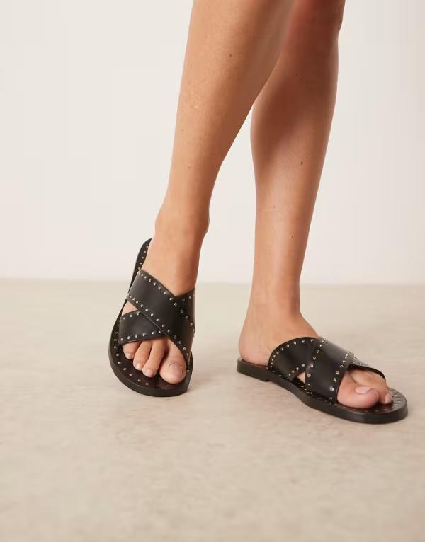 マンゴ レディース シューズ サンダル レザー Mango leather studded strap sandal Black ブラック