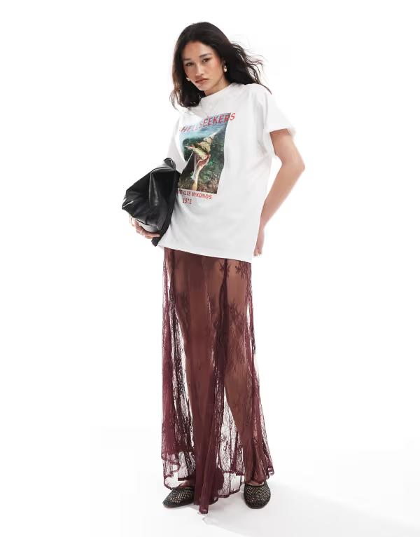 エイソス レディース ボトムス スカート レース マキシ ASOS DESIGN lace godet maxi skirt burgundy バーガンディ