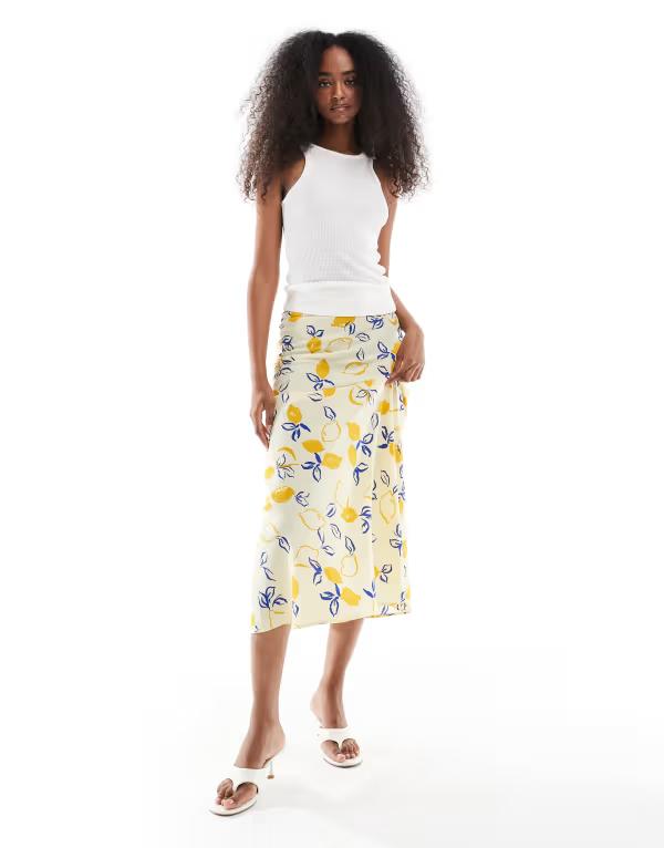ウェンズデーガール レディース ボトムス スカート プリント Wednesday's Girl lemon print bias cut midaxi skirt in yellowイエロー