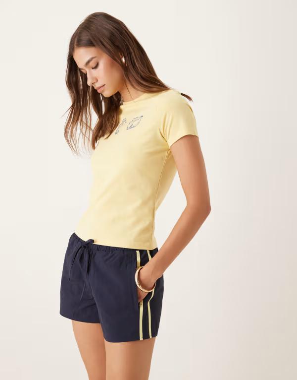 モーテル レディース ボトムス ハーフパンツ・ショーツ ショートパンツ Motel riu runner shorts NAVY YELLOW STRIPE ネイビー