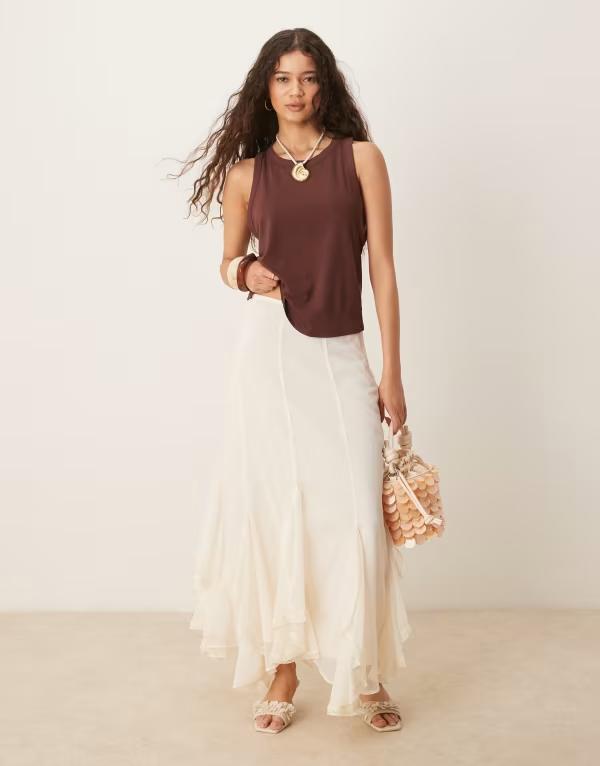 エイソス レディース ボトムス スカート シフォン フリル レース マキシ ASOS DESIGN lace and ruffle chiffon maxi skirt in cream cream クリーム