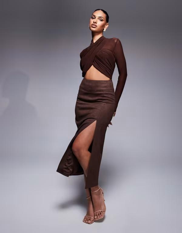 バードット レディース ボトムス スカート ミディ スエード Bardot Dante faux suede midi skirt in chocolate Chocolate チョコレート