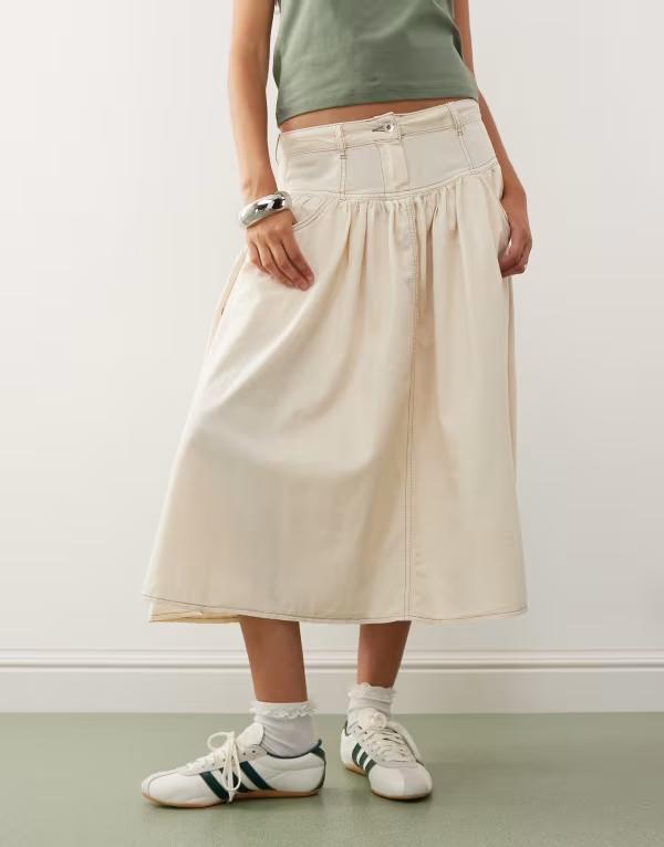 コルージョン レディース ボトムス スカート コントラスト リネン COLLUSION linen look skirt with contrast stitch in buttermilk yellow Buttermilk イエロー