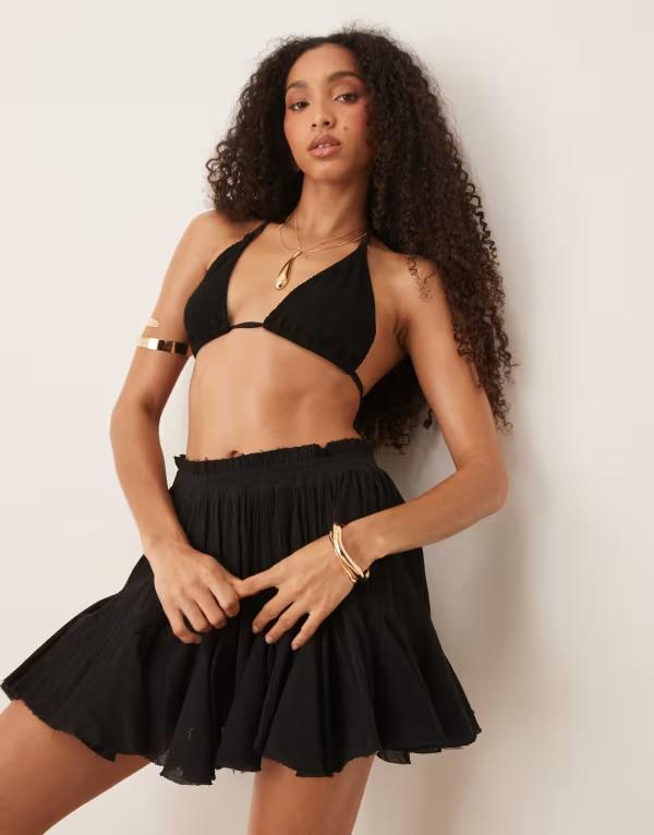 エイソス レディース ボトムス スコート 筋目 ミニ ASOS DESIGN godet pleated beach mini skirt black 黒いこと レディースファッション-スカート