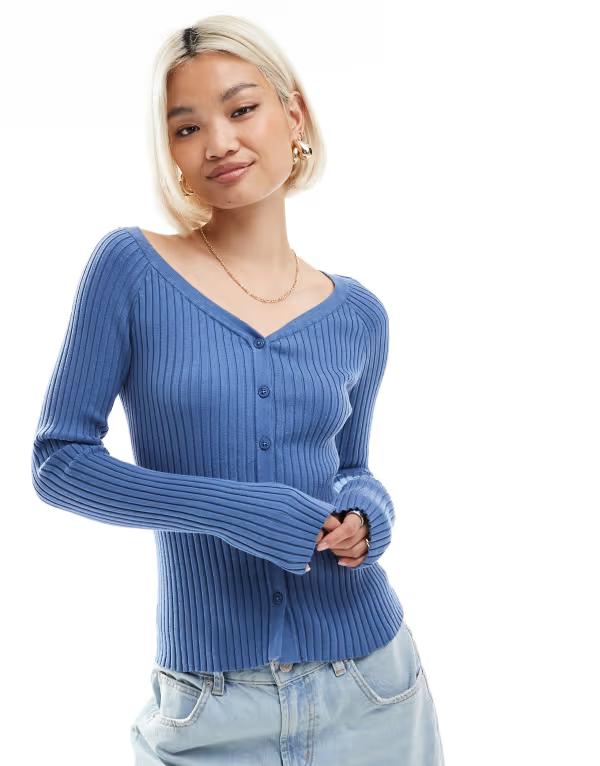 エイソス レディース アウター カーディガン Vネック ニット ASOS DESIGN knit v neck button up top in indigo Indigo インディゴ｜ReVida 店