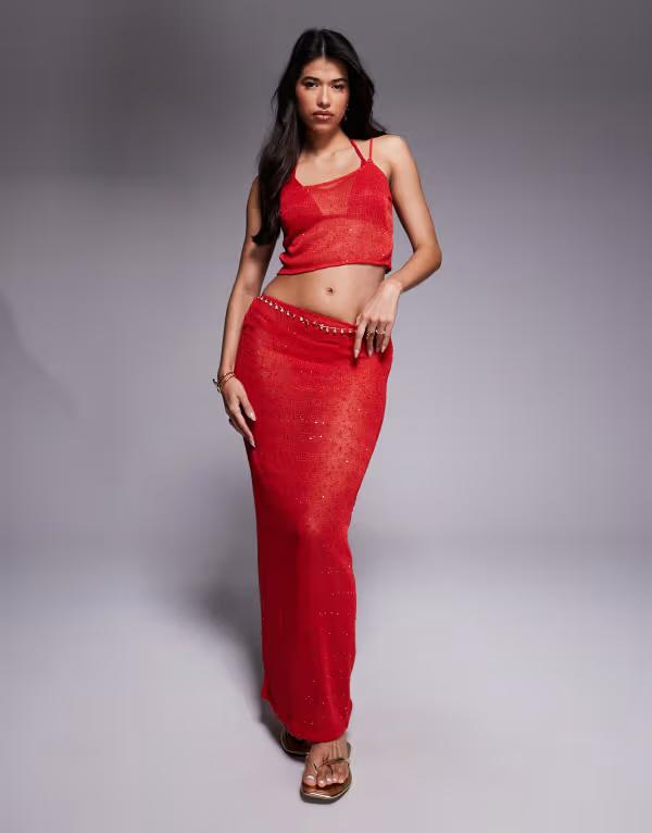 サウスビーチ レディース ボトムス スカート スパンコール ニット マキシ South Beach knit sequin maxi skirt RED レッド