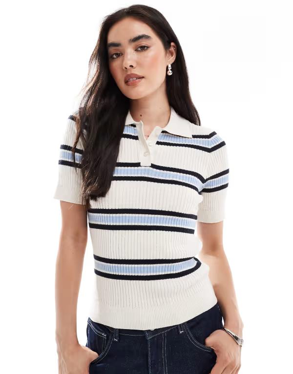 ヴェロモーダ レディース アウター ニット・セーター ポロシャツ リブ Vero Moda ribbed rugby style short sleeve polo in cream and soft blue stripe Gardenia Navy ネイビー
