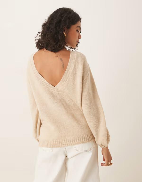 エイソス レディース アウター 編み物・プルオーバー 明けっ広げうしろ側 プルオーバー 編み物 ASOS DESIGN knit open back sweater インチ honey Beige ベージュ ニット・セーター-トップス-セーター
