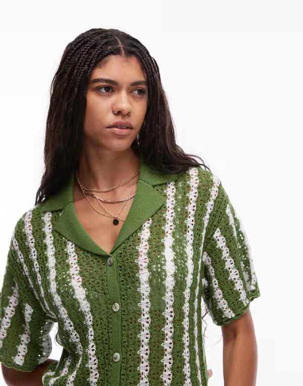 トップショップ レディース トップス シャツ ニット Topshop knit stitchy striped shirt - part of a set GREEN グリーン