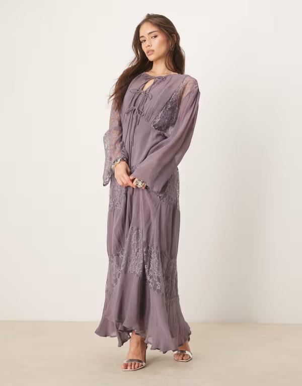 エイソス レディース トップス ワンピース マキシワンピース レース マキシ ASOS DESIGN long sleeve lace detailing maxi dress gray グレー