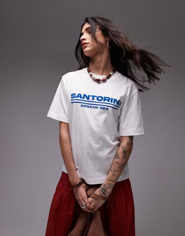 トップショップ レディース トップス Tシャツ グラフィック Topshop graphic Santorini oversized tee WHITE ホワイト