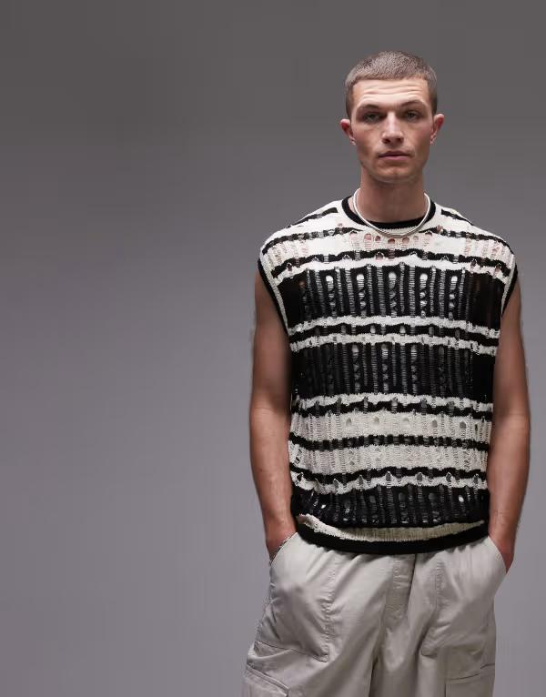トップマン メンズ アウター ニット・セーター ニット Topman distressed knit tank top in stripes Multi マルチカラー