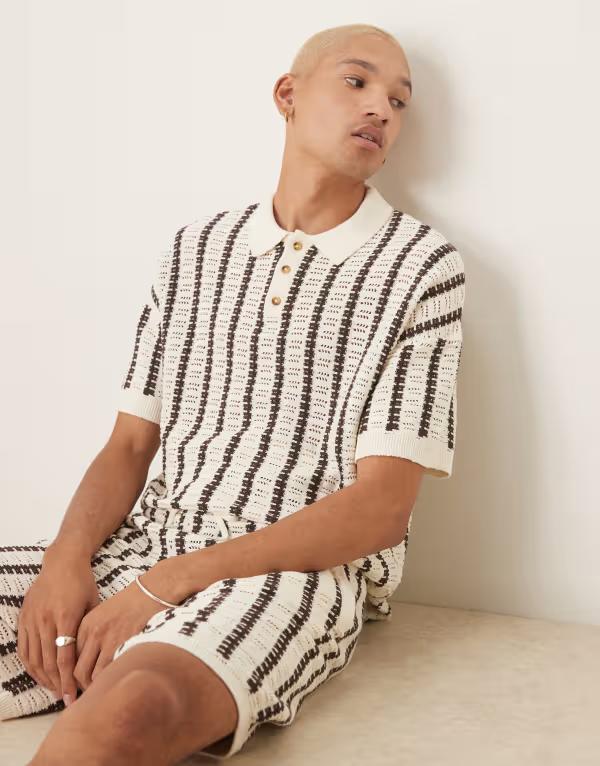エイソス メンズ トップス ポロシャツ ニット ASOS DESIGN relaxed crochet knit button up polo shirt with stripe pattern and ecru - part of a set BROWN ブラウン 8,174円