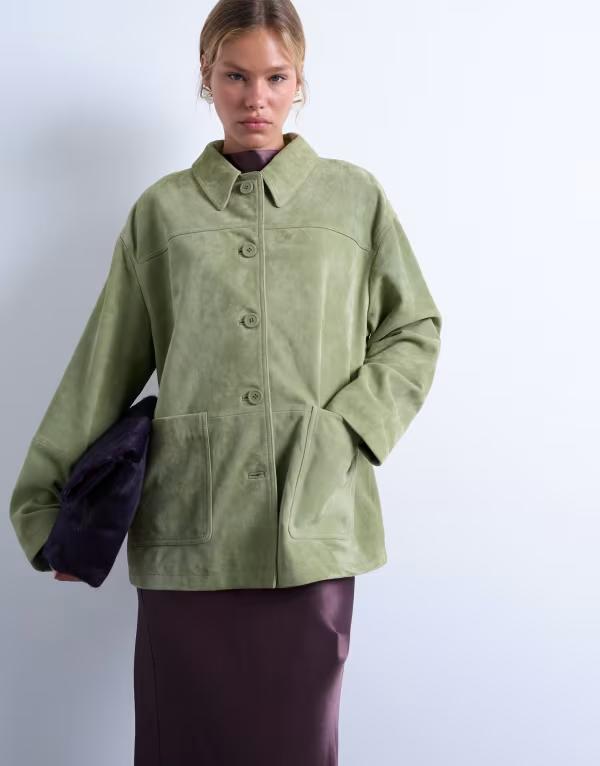 トップショップ レディース アウター ジャケット・ブルゾン スエード ジャケット Topshop premium real suede patch pocket boxy jacket green グリーン｜ReVida 店