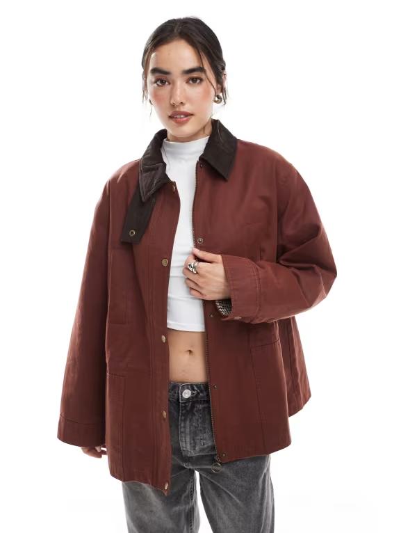 エイソス レディース アウター ジャケット・ブルゾン ウエストマーク コントラスト ジャケット ASOS DESIGN waxed cinched waist jacket with contrast collar in rustラスト