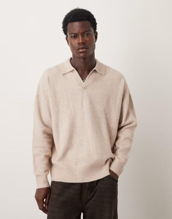 エイソス メンズ トップス ポロシャツ セーター ニット ASOS DESIGN oversized brushed knit notch neck sweater in stone STONE ストーン