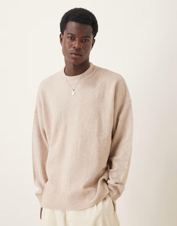 エイソス メンズ アウター ニット・セーター クルーネック セーター ニット ASOS DESIGN oversized brushed knit crew neck sweater in stone STONE ストーン