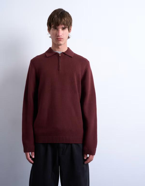 トップマン メンズ トップス ポロシャツ Topman standard fit zip polo in dark Burgundy バーガンディ