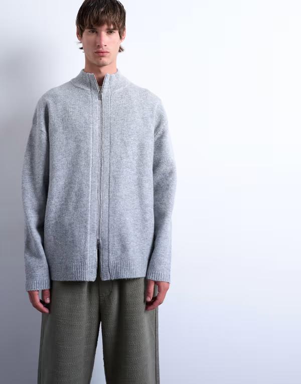 トップマン メンズ アウター カーディガン スタンドネック Topman double zip funnel neck cardigan Gray グレー