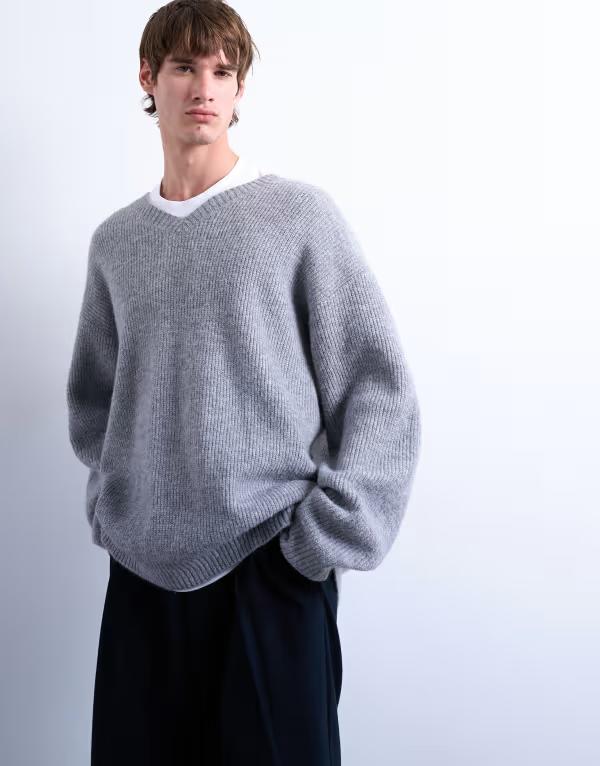 トップマン メンズ アウター ニット・セーター オーバーサイズフィット Vネック セーター Topman oversized fit v neck sweater Gray グレー 13,845円