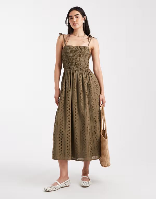 ミスセルフフリッジ レディース トップス ワンピース マキシワンピース マキシ Miss Selfridge strappy broderie maxi dress Khaki カーキ|ReVida 店