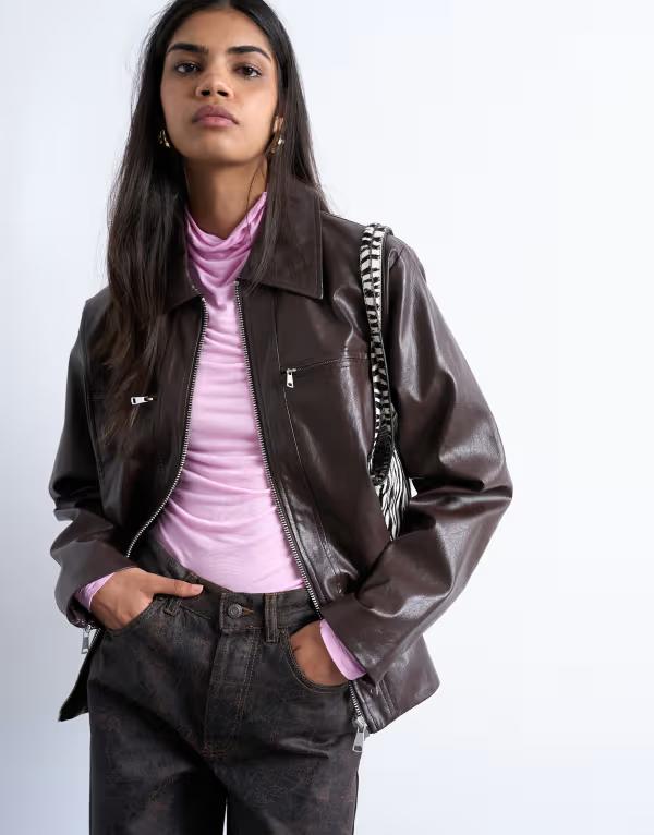 トップショップ レディース アウター ジャケット・ブルゾン レザー フェイクレザー ジャケット Topshop faux leather clean zip up jacket in deep burgundy バーガンディ