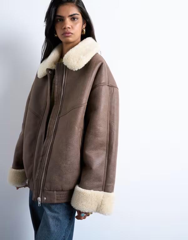 とっ始め販売店 レディース アウター 上衣・上衣 ヴィンテージ 上衣 Topshop vintage washed faux shearling oversized bomber jacket brown 赤銅色