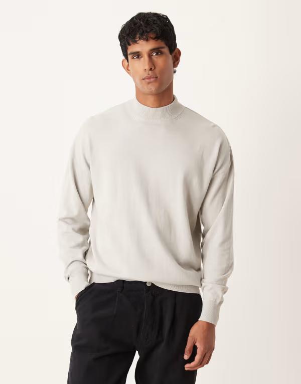 エイソス メンズ アウター ニット・セーター ハイネック Tシャツ ニット ASOS DESIGN relaxed long sleeve knit high neck T-shirt in light gray heather LIGHT GRAY MARL グレー｜ReVida 店 11,150円