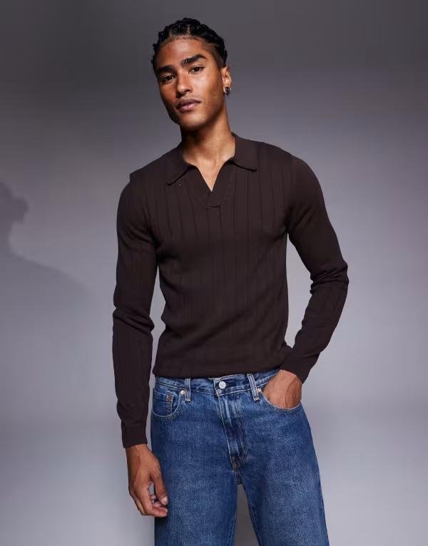 エイソス メンズ トップス スポーツシャツ 編み物 ASOS DESIGN muscle fit long sleeve knit rib notch neck polo BROWN 赤銅色