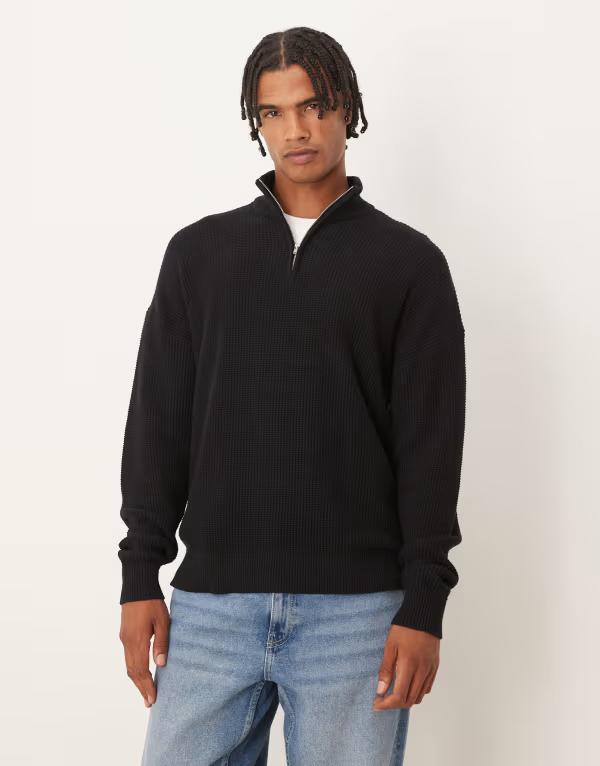 エイソス メンズ アウター ニット・セーター スタンドネック セーター ニット ASOS DESIGN relaxed knit pique funnel neck sweater Black ブラック