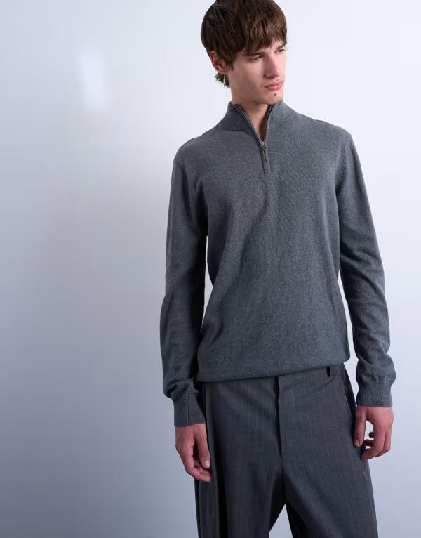 トップマン メンズ アウター ニット・セーター ウール Topman essential 1/4 zip funnel with wool in charcoal CHARCOAL チャコール