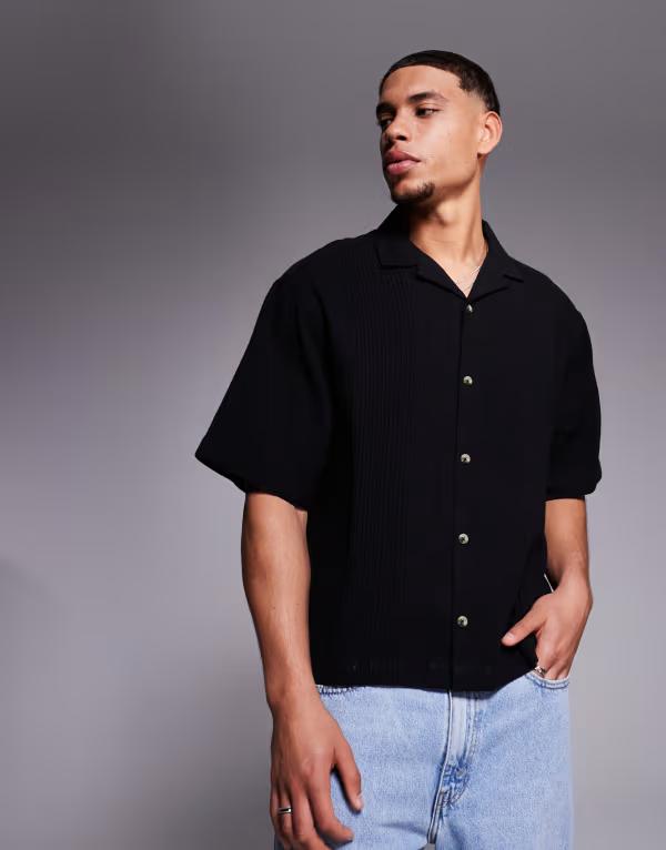 エイソス メンズ トップス シャツ ASOS DESIGN boxy camp collar shirt with pin tuck detailing Black ブラック