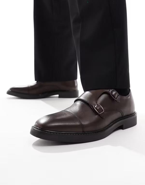 エイソス メンズ シューズ スニーカー モンク レザー ASOS DESIGN monk shoes leather BROWN ブラウン