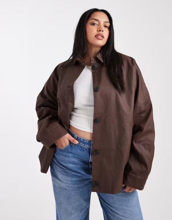 エイソス レディース アウター 上衣・上衣 上衣 ASOS Curve ASOS DESIGN Curve waxed Harrington jacket インチ chocolate Chocolate 黒茶