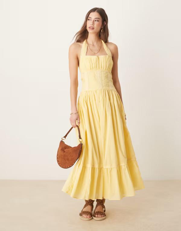 エイソス レディース トップス ワンピース レース ホルター ASOS DESIGN halter neck lace prairie dress with pintucks in lemon Lemon