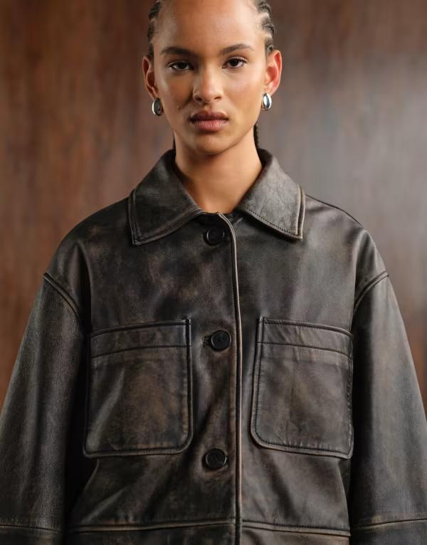 エイソス レディース アウター ジャケット・ブルゾン レザー ジャケット ASOS DESIGN top collar leather distressed barn jacket in washed Black ブラック