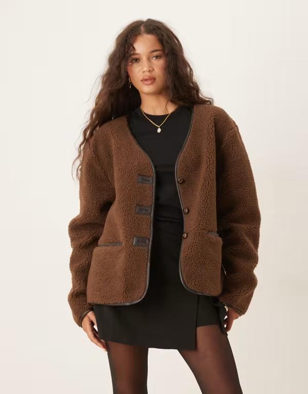 エイソス レディース アウター カーディガン ASOS DESIGN borg cardigan with PU trim in chocolate Chocolate チョコレート