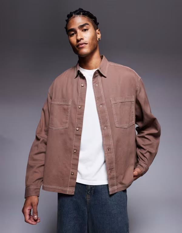 エイソス メンズ トップス シャツ コントラスト ASOS DESIGN contrast stitch regular shirt BROWN ブラウン