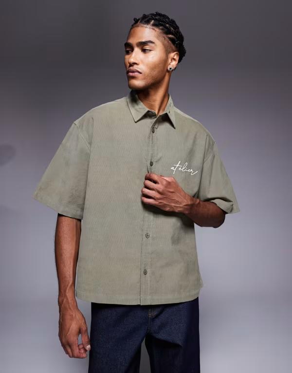 エイソス メンズ トップス シャツ ASOS DESIGN boxy oversized cord shirt with chest embroidery Khaki カーキ