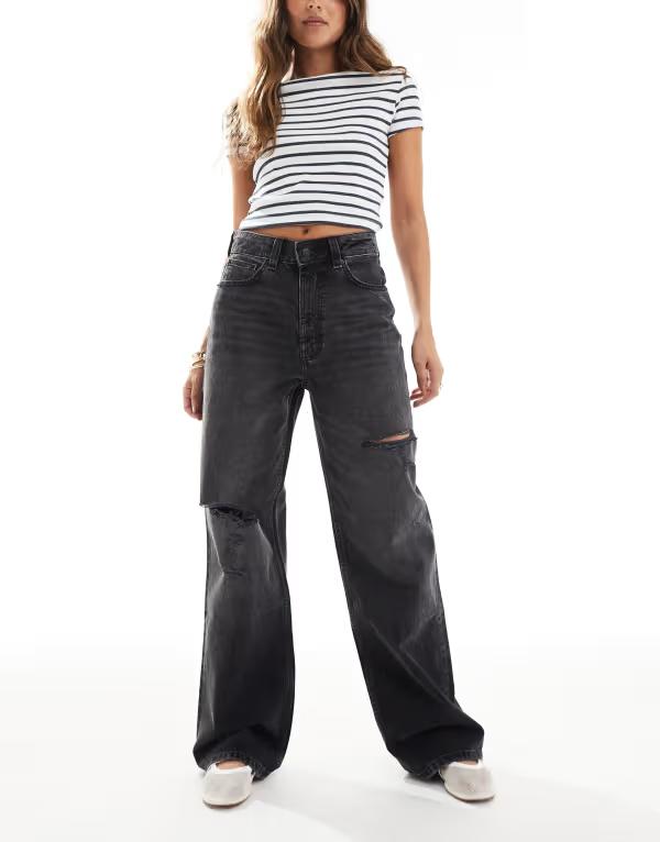 エイソス レディース ボトムス ジーンズズボン下 デニム ASOS DESIGN dad jeans with rips インチ washed WASHED BLACK 黒いこと